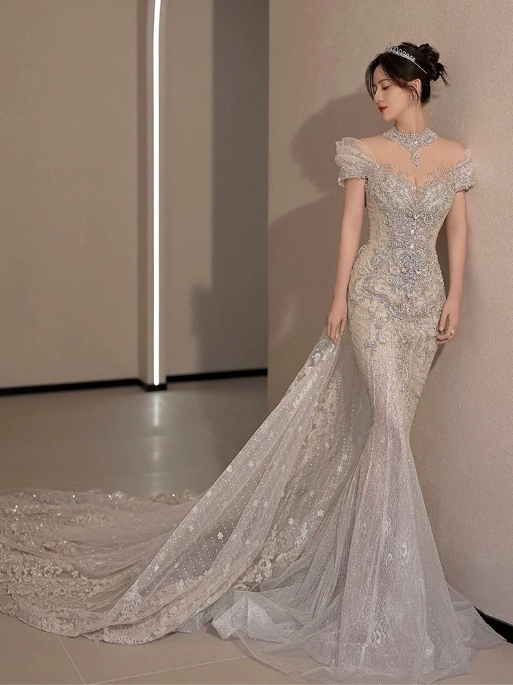 Timeless Mermaid Off The Shoulder White Tulle Sequin Long Wedding Dresses