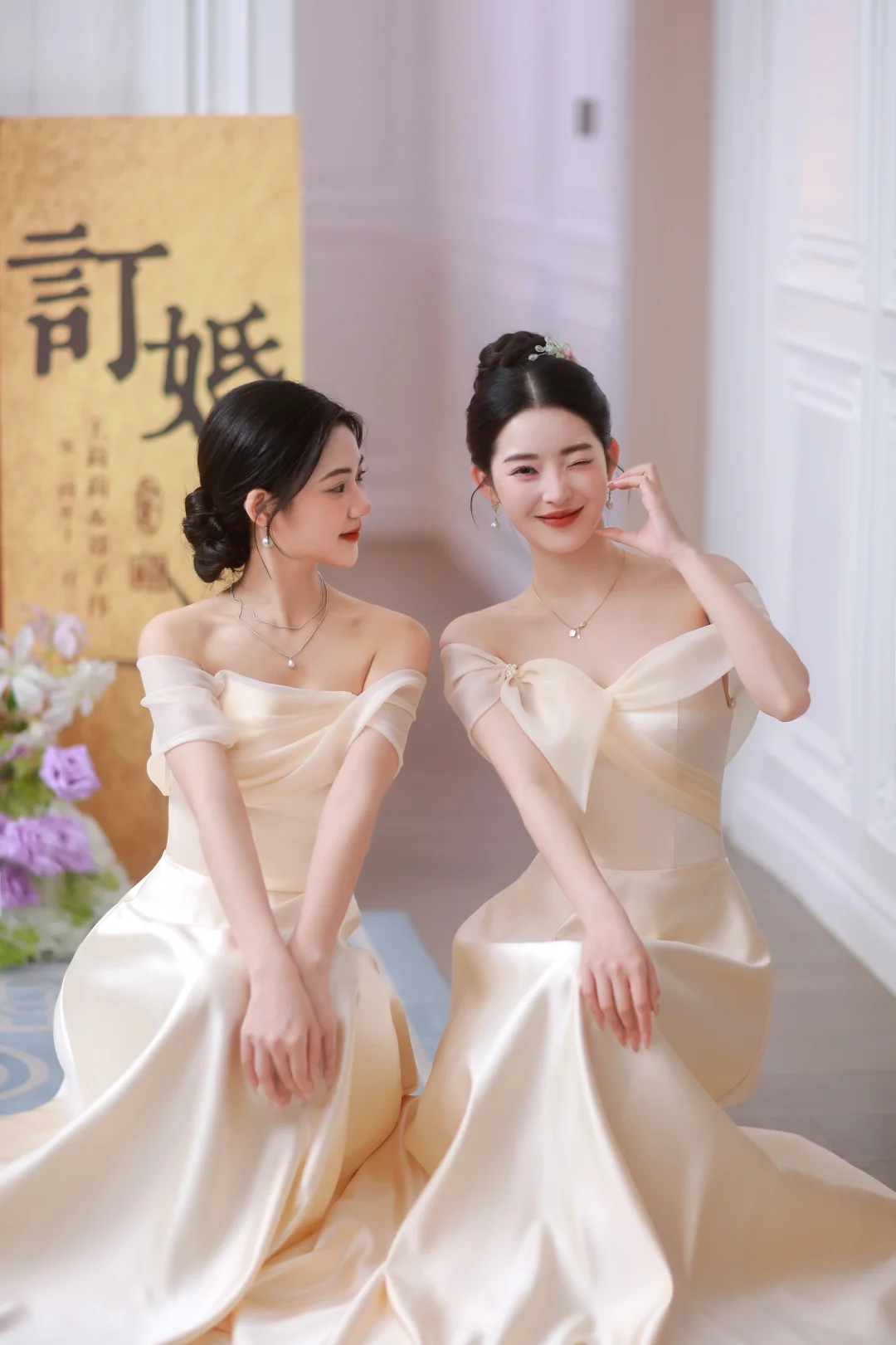 Champagne A Line Elegant Off The Shoulder Satin Long Bridesmaid Dress