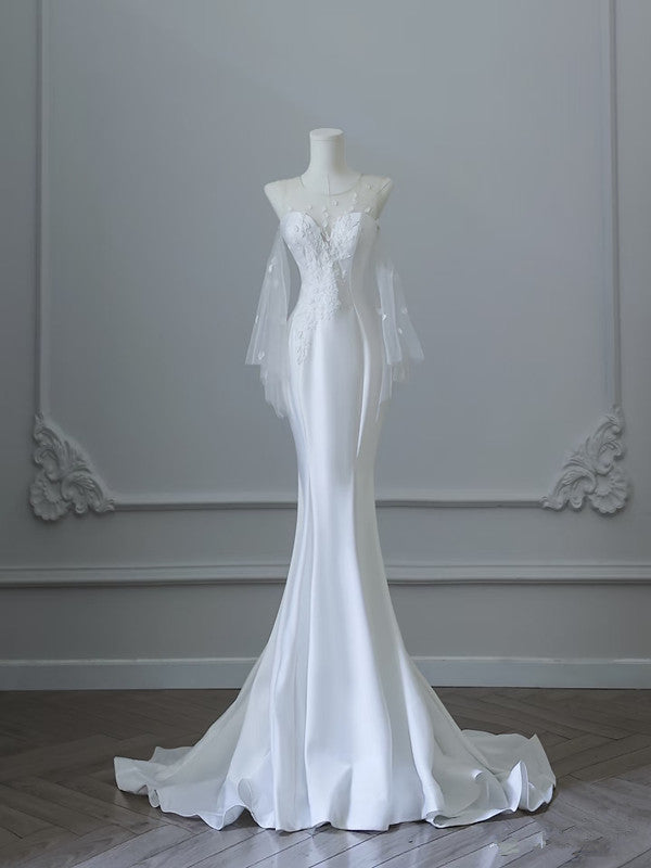 Unique Mermaid Scoop Long Sleeves Lace Wedding Dresses White Brides Dress