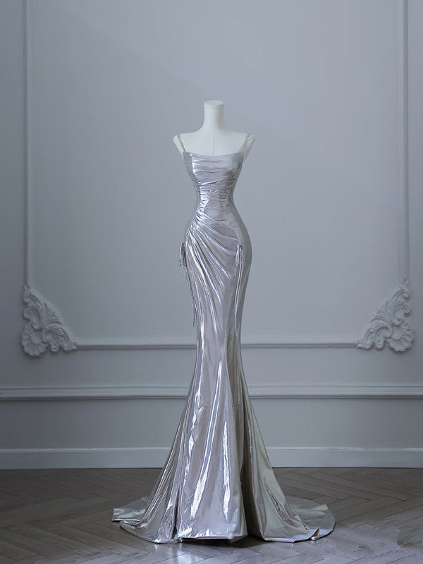 Sexy Mermaid Spaghetti Straps Silver Sequin Long Prom Dresses