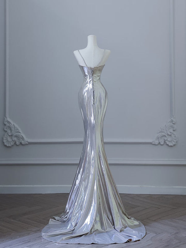Sexy Mermaid Spaghetti Straps Silver Sequin Long Prom Dresses