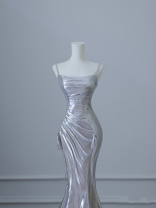 Sexy Mermaid Spaghetti Straps Silver Sequin Long Prom Dresses