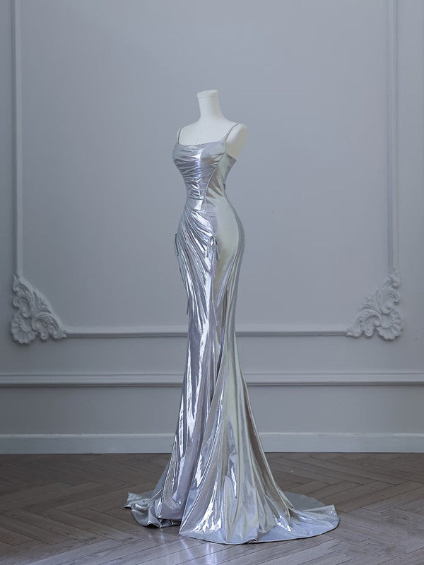 Sexy Mermaid Spaghetti Straps Silver Sequin Long Prom Dresses