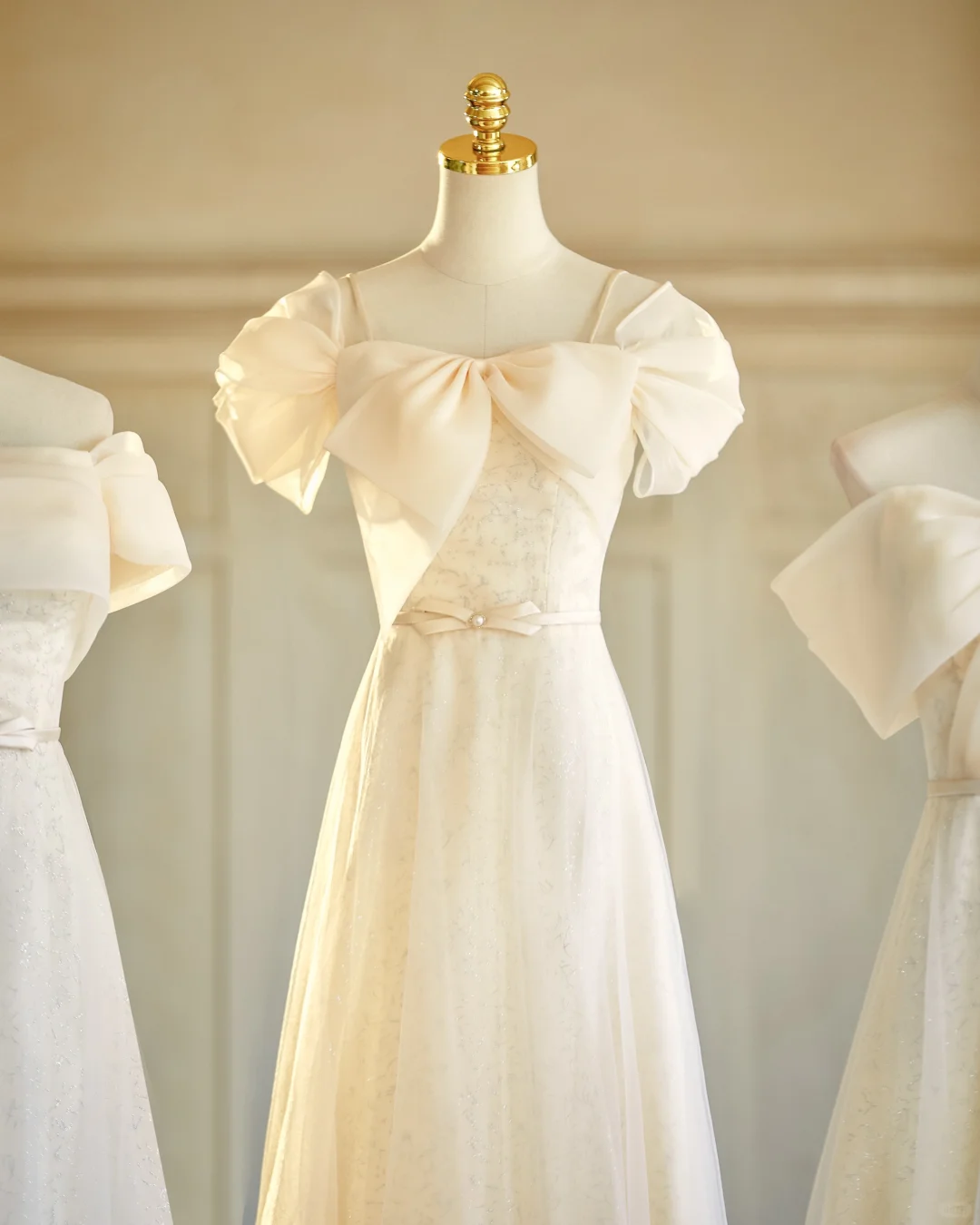 Light Champagne A Line Tulle Long Bridesmaid Dress