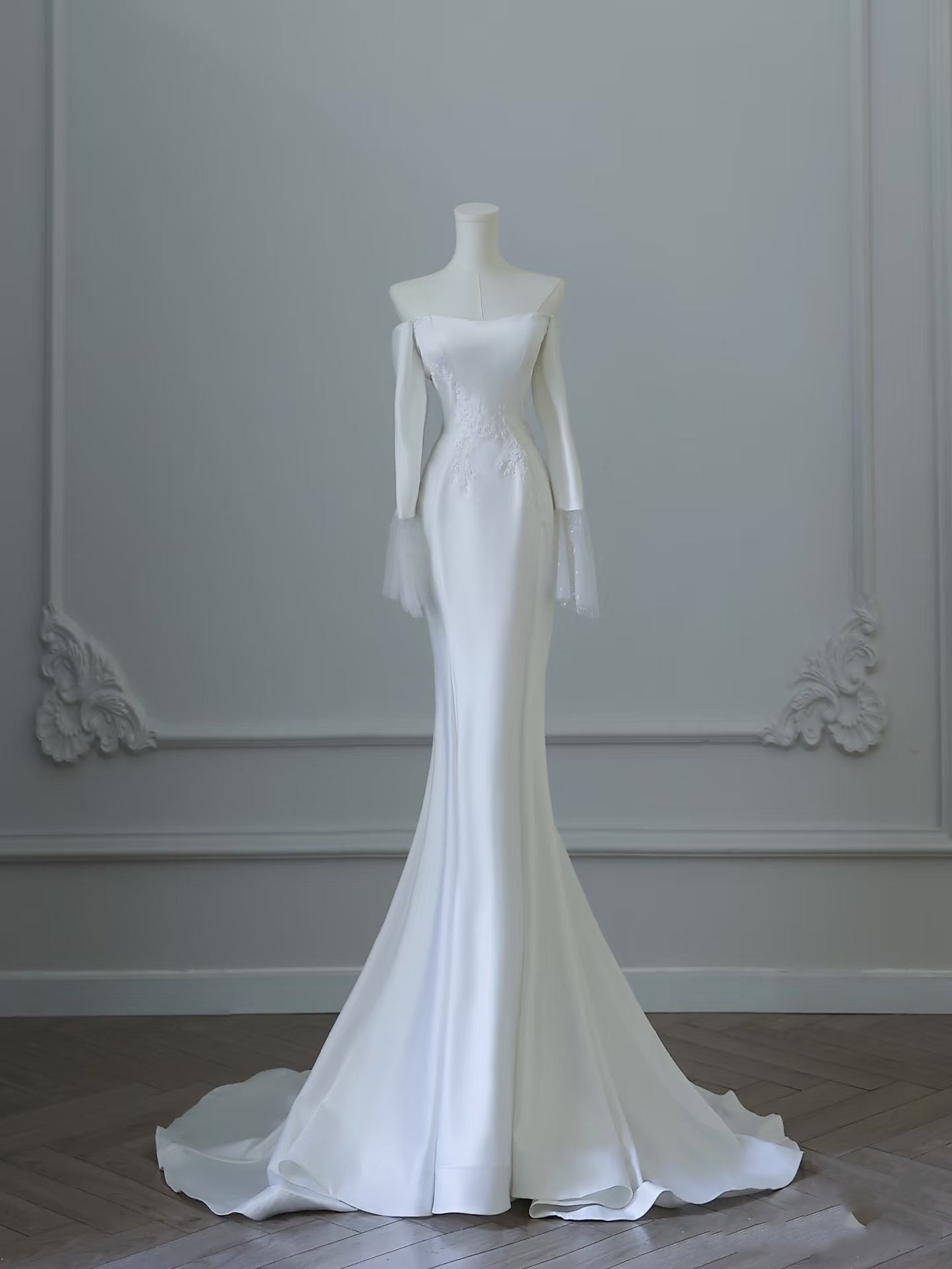 Unique Mermaid Off The Shoulder Long Sleeves Wedding Dresses White Brides Dress