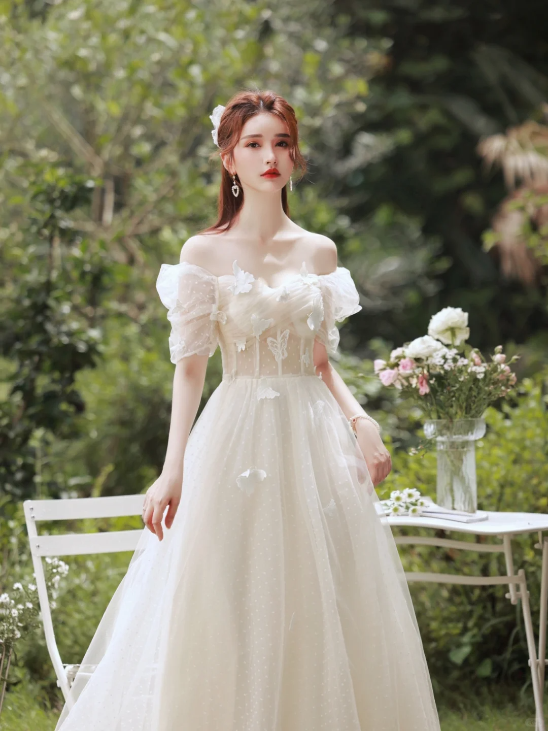 Fairy A Line Light Ivory Off The Shoulder Tulle Applique Long Bridesmaid Dress