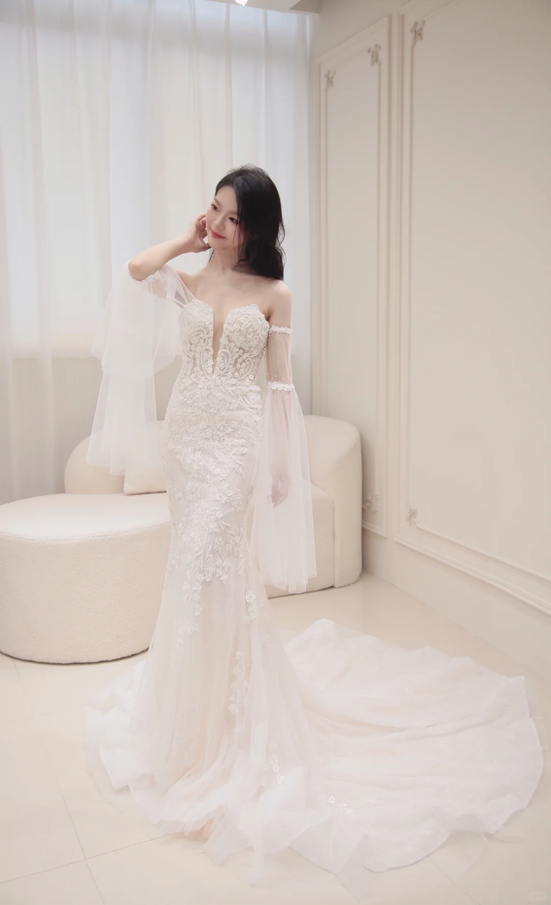 Timeless Mermaid Strapless Tulle Applique Long Sleeves Long Wedding Dresses