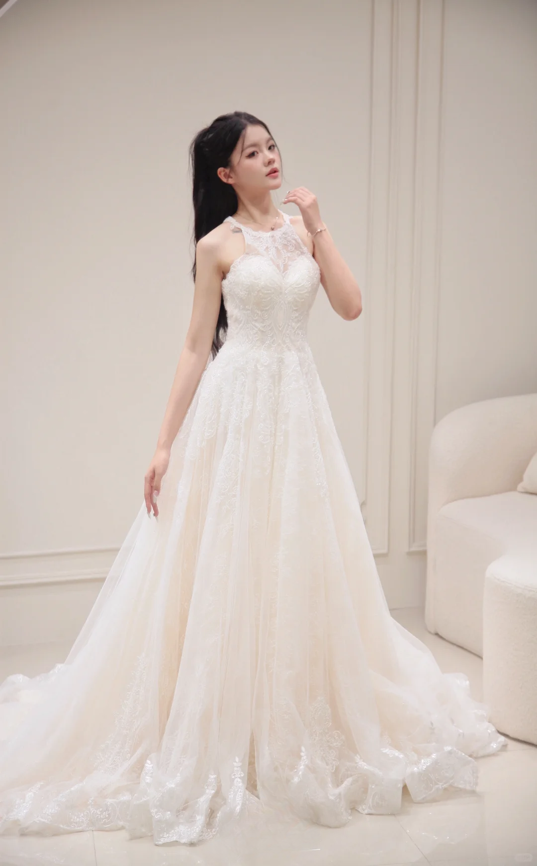 Princess A Line Halter Tulle Lace Long Wedding Dresses