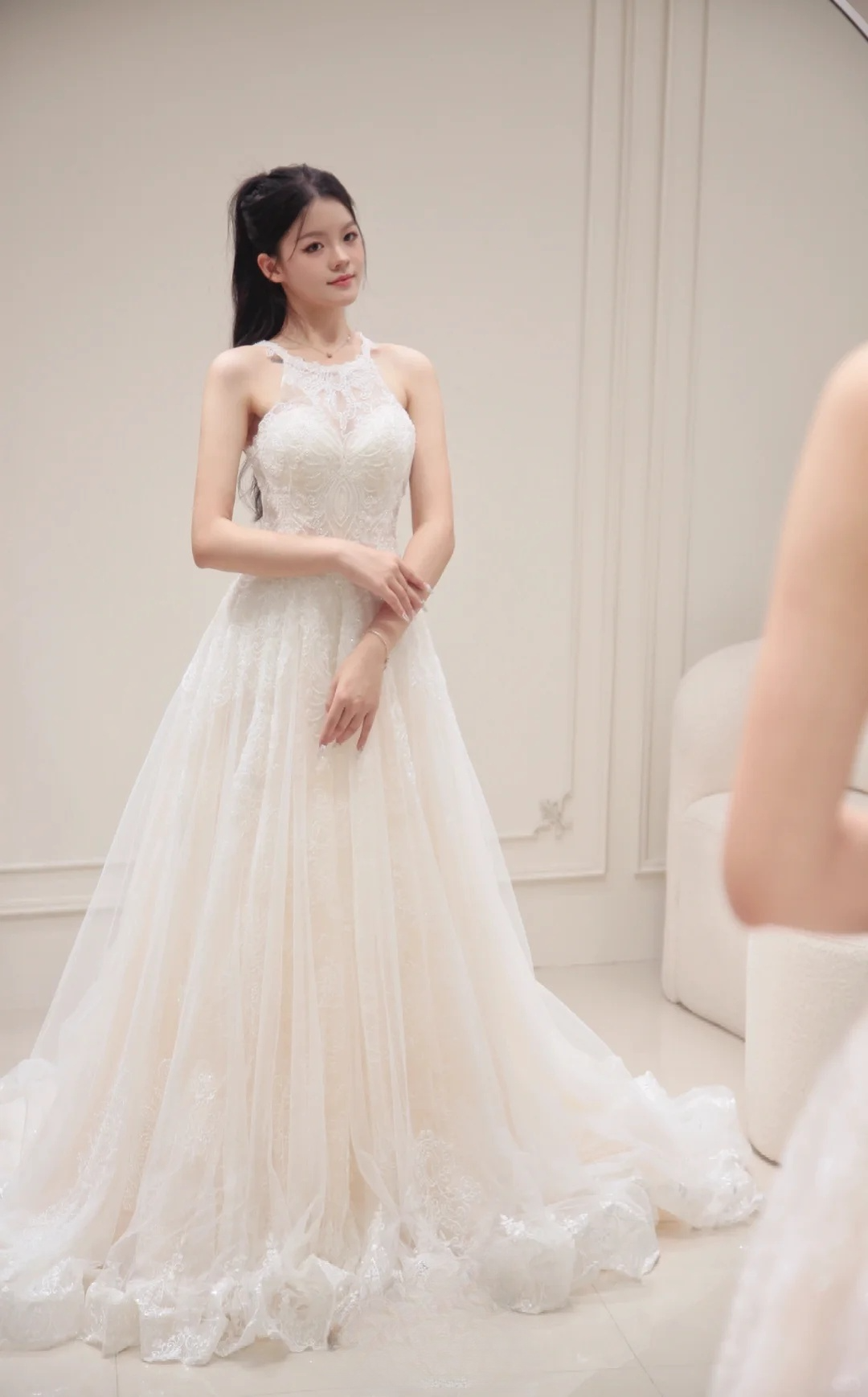 Princess A Line Halter Tulle Lace Long Wedding Dresses