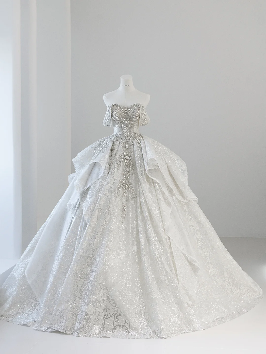 Timeless Ball Gown Off The Shoulder Satin Sequin Beaded Train Long Wedding Dresses