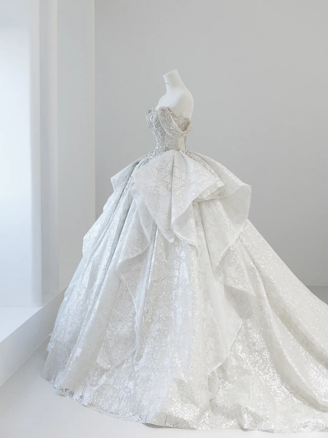 Timeless Ball Gown Off The Shoulder Satin Sequin Beaded Train Long Wedding Dresses