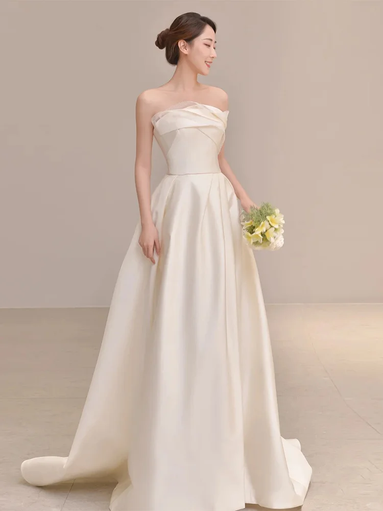 Summer Simple A Line Strapless Ivory Satin Slit Long Wedding Dresses