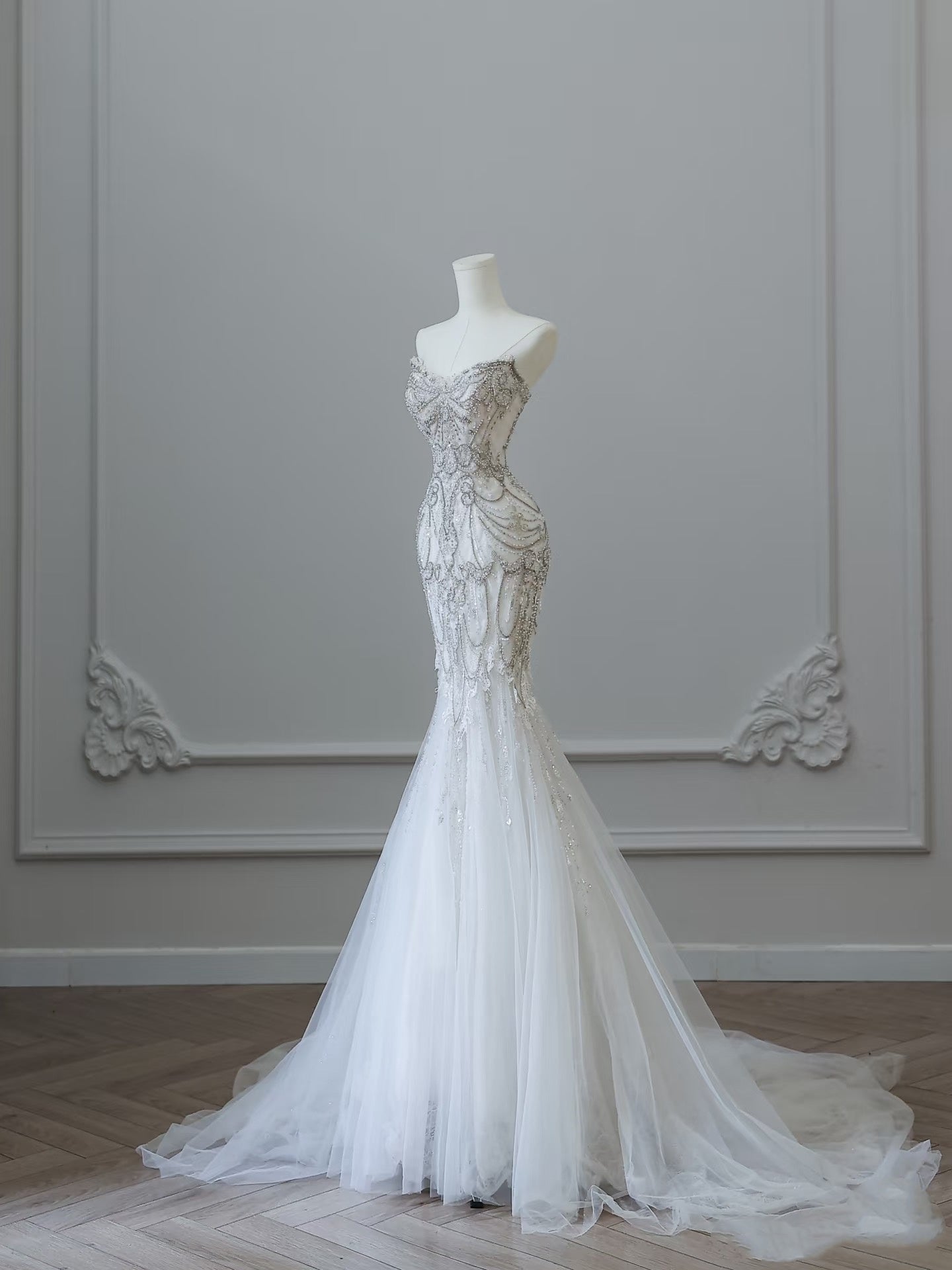 Princess Mermaid Sweetheart White Tulle Long Wedding Dresses Brides Dress