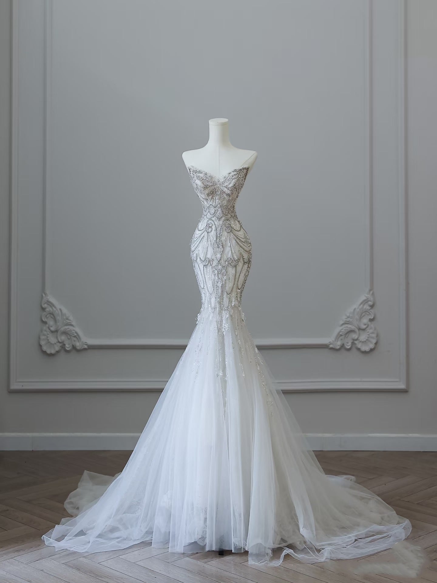 Princess Mermaid Sweetheart White Tulle Long Wedding Dresses Brides Dress