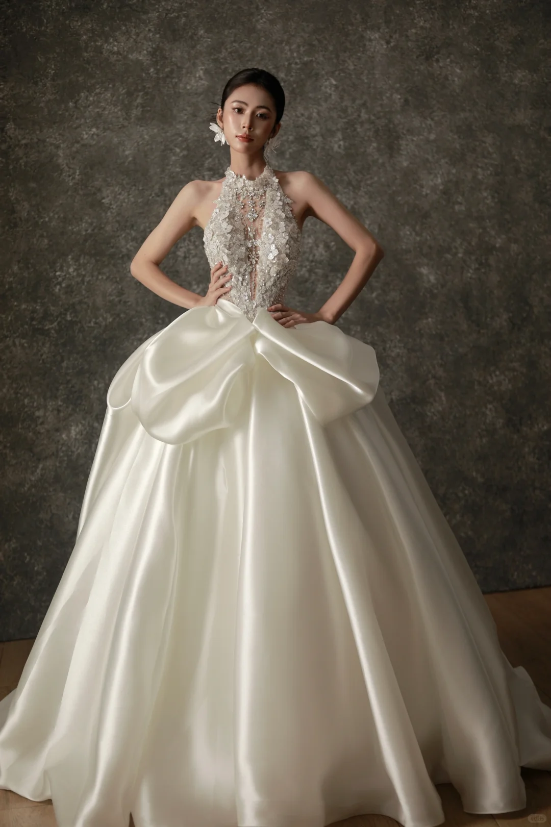 Unique Ball Gown Halter Ivory Satin Applique Long Wedding Dresses