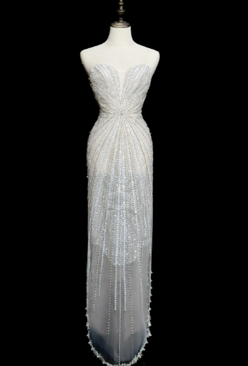 Dreamy Mermaid Strapless Tulle Beaded Long Wedding Dresses