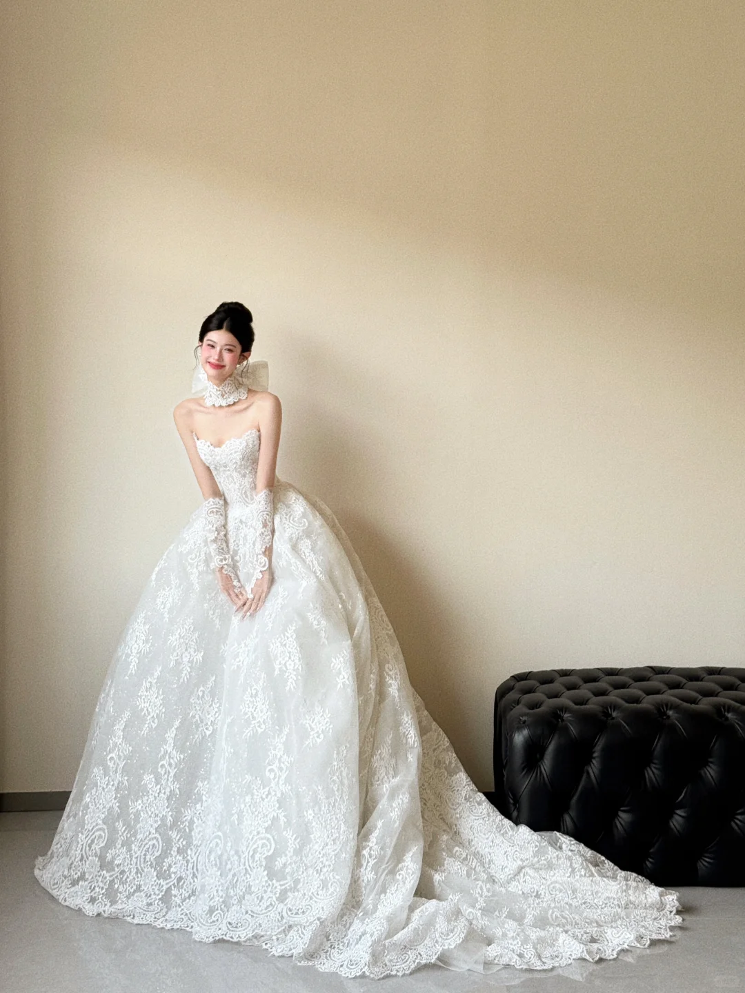 Dreamy Ball Gown Strapless White Lace With Gloves Long Wedding Dresses