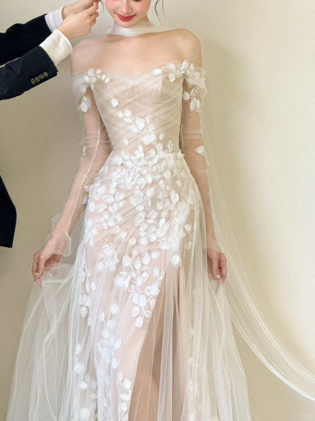 Unique A Line Off The Shoulder Tulle Applique Slit Long Sleeves Long Wedding Dresses
