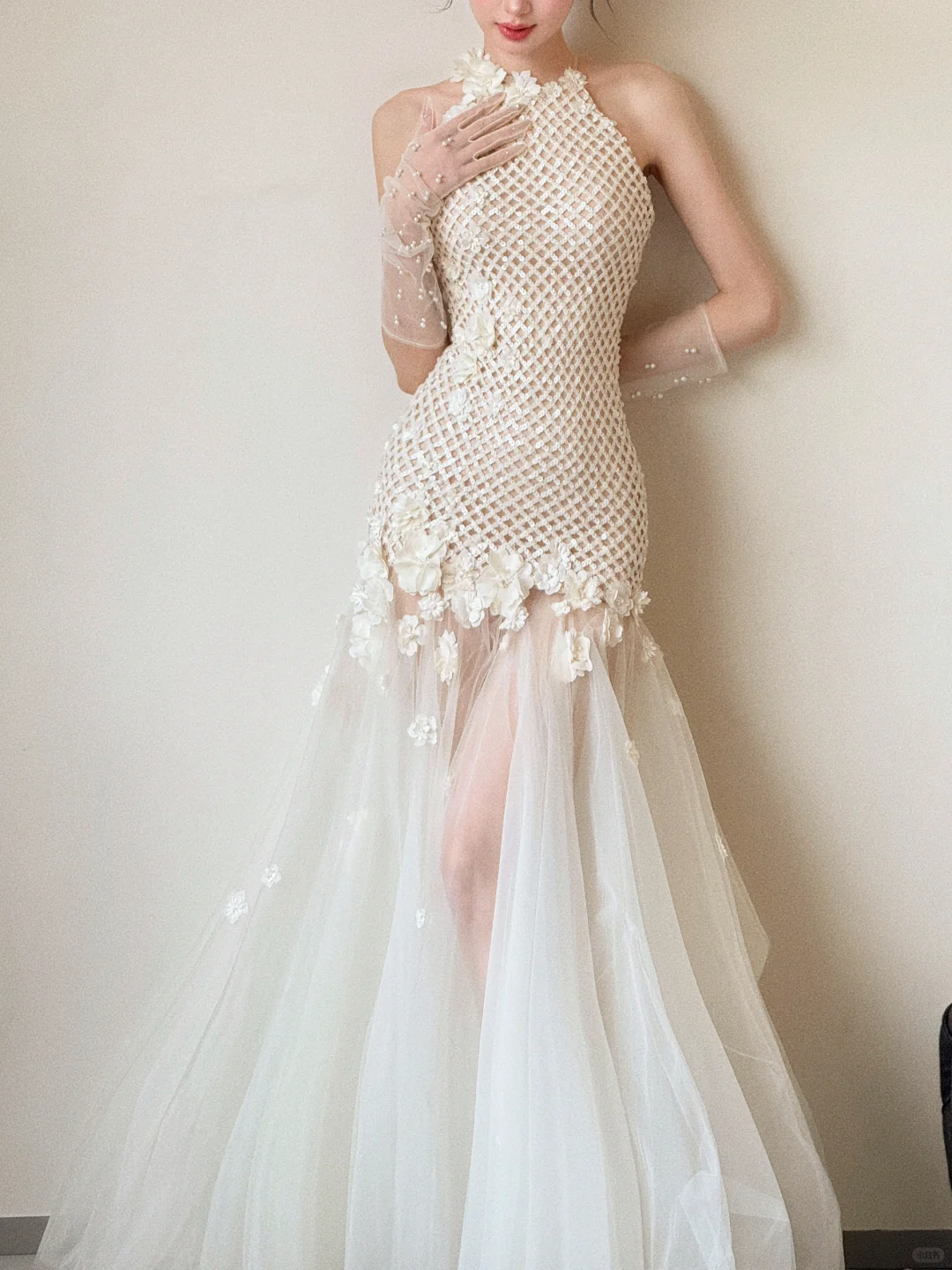 Classy Elegant Mermaid Halter Tulle With Gloves Long Wedding Dresses