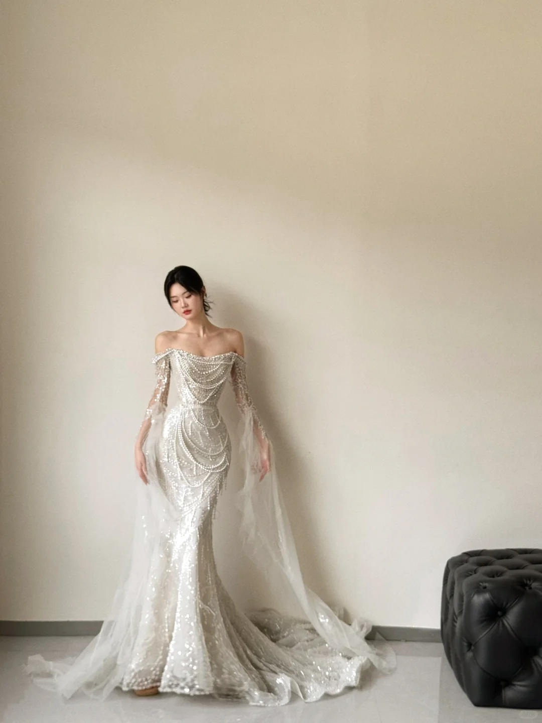Gorgeous Mermaid Off The Shoulder Tulle Beaded Long Sleeves Long Wedding Dresses