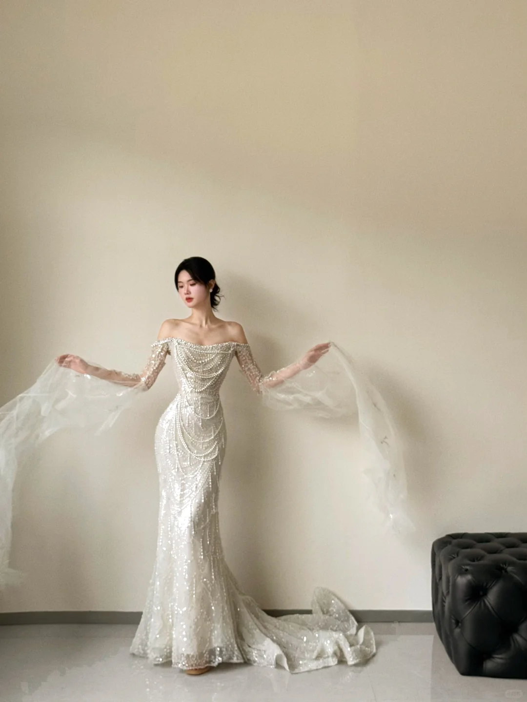 Gorgeous Mermaid Off The Shoulder Tulle Beaded Long Sleeves Long Wedding Dresses