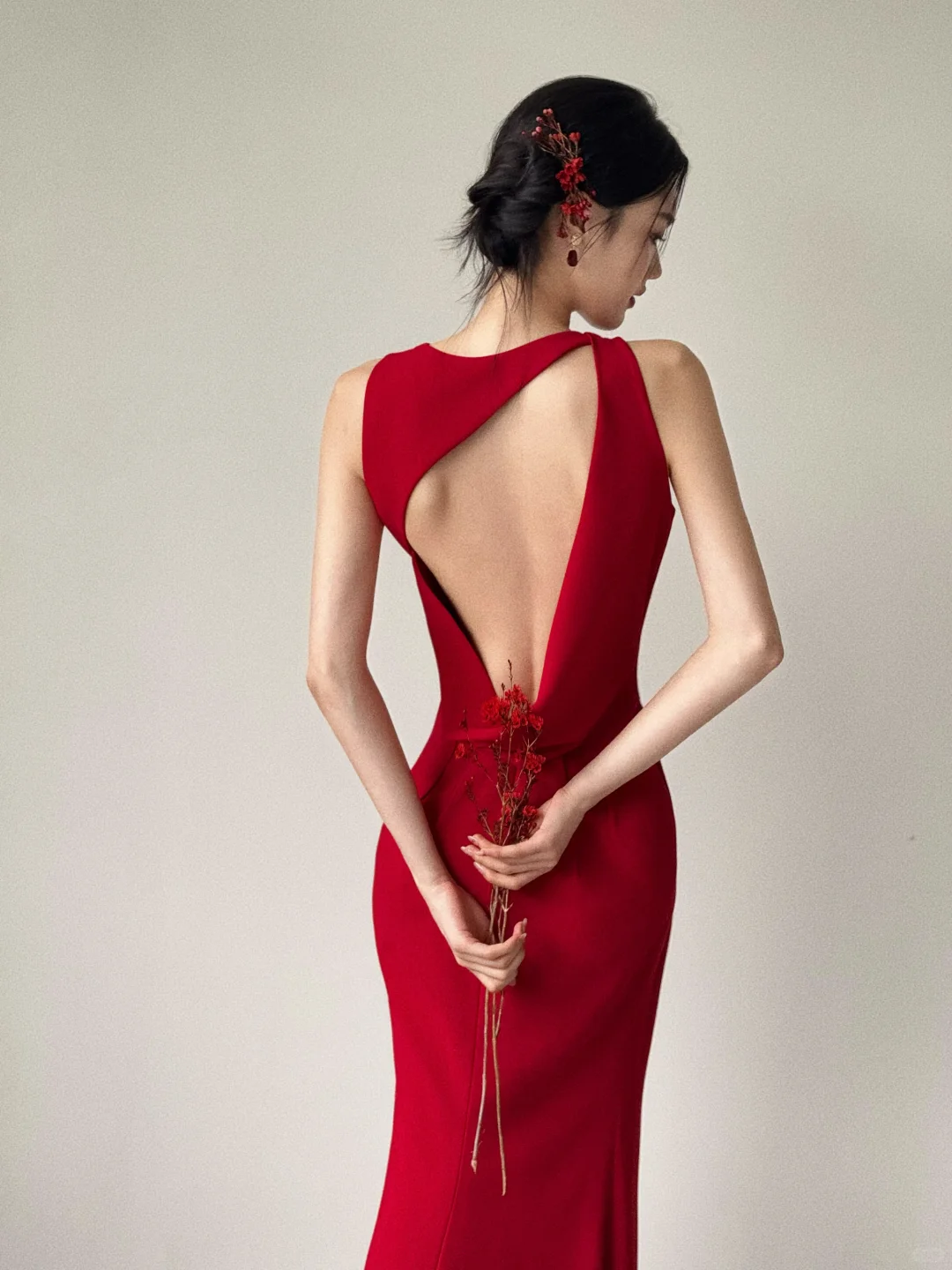Chic Mermaid Red Satin Backless Satin Long Bridesmaid Dress