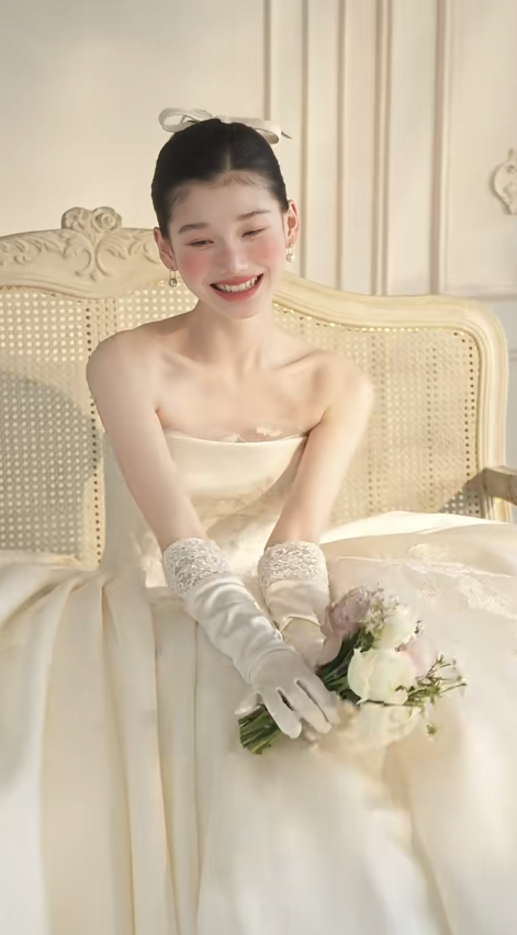 Timeless Ball Gown Strapless Satin Lace With Veil And Gloves Long Wedding Dresses