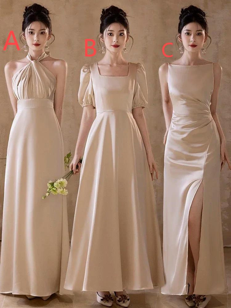 Champagne Elegant A Line Satin Long Bridesmaid Dress