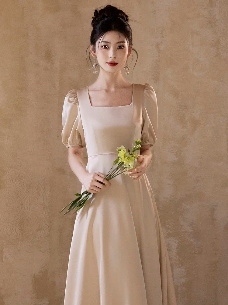 Champagne Elegant A Line Satin Long Bridesmaid Dress