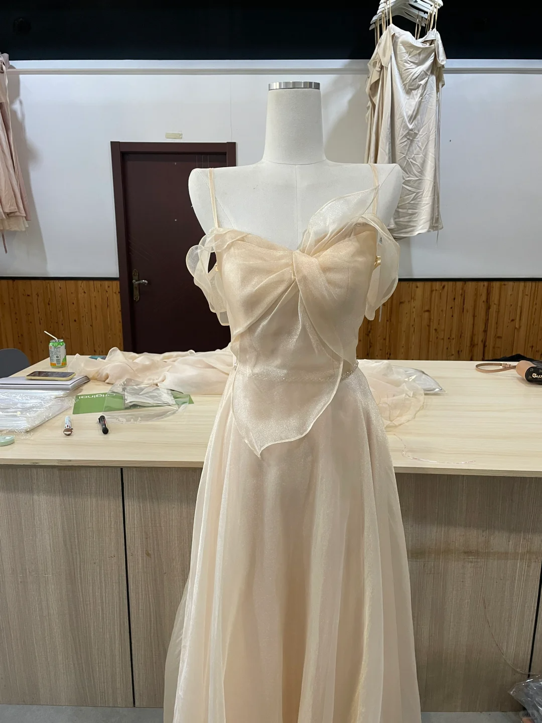 Pretty A Line Spaghetti Straps Light Champagne Chiffon Long Bridesmaid Dress