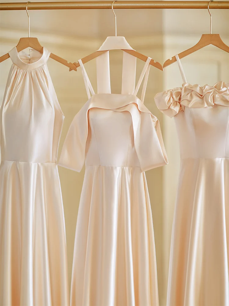 Calssy Champagne A Line Satin Long Bridesmaid Dress