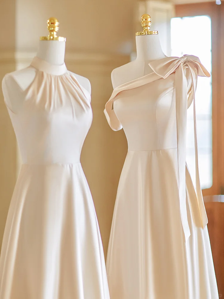 Calssy Champagne A Line Satin Long Bridesmaid Dress