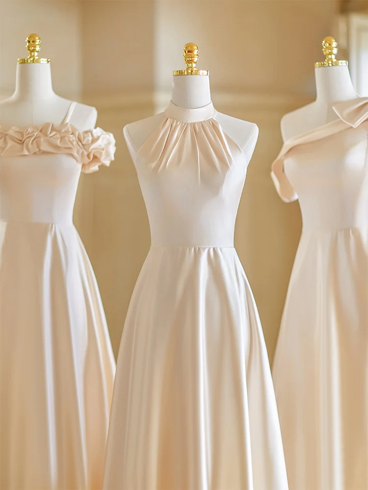 Calssy Champagne A Line Satin Long Bridesmaid Dress