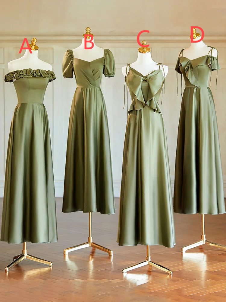 Olive Green Elegant A Line Satin Long Bridesmaid Dress
