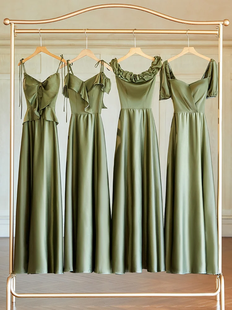 Olive Green Elegant A Line Satin Long Bridesmaid Dress
