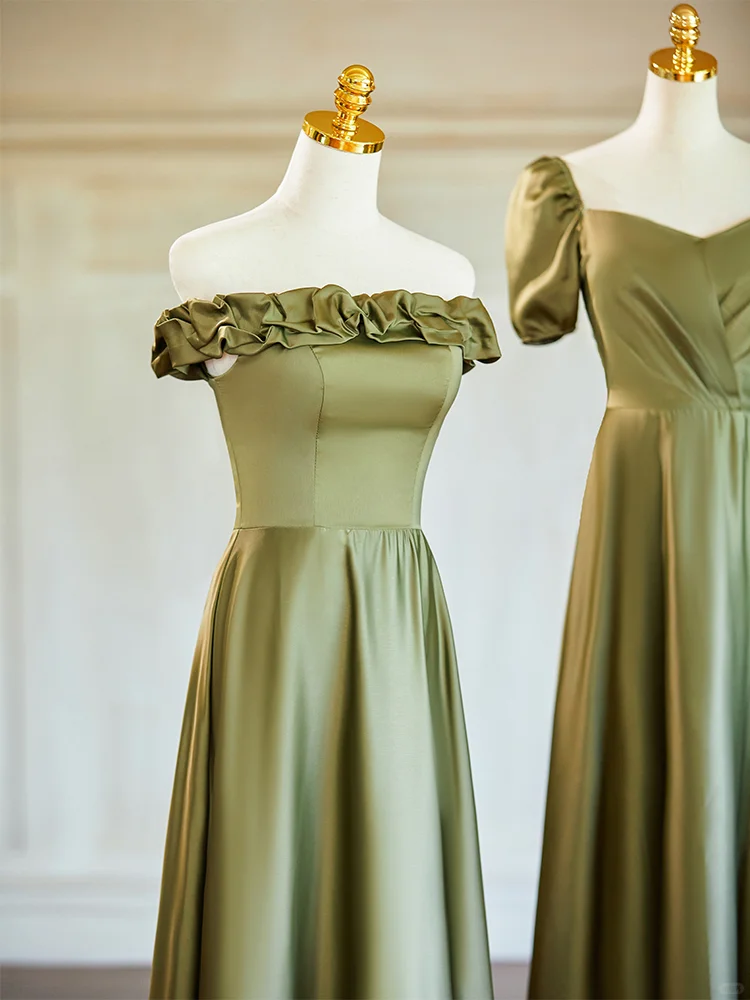 Olive Green Elegant A Line Satin Long Bridesmaid Dress