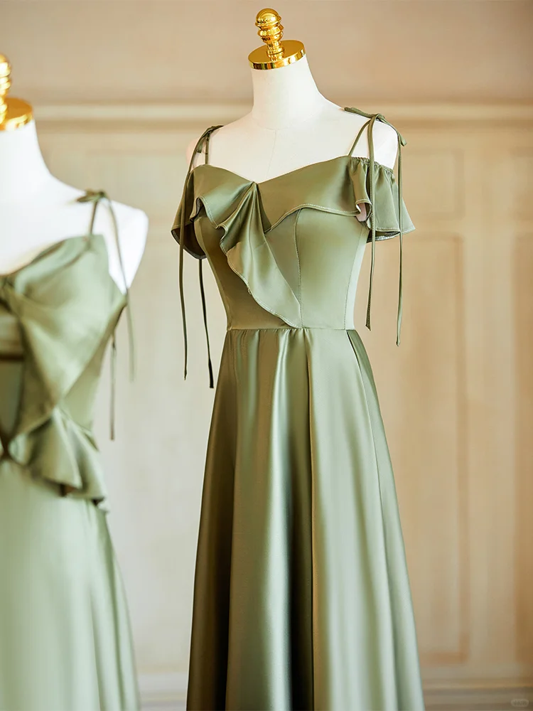 Olive Green Elegant A Line Satin Long Bridesmaid Dress