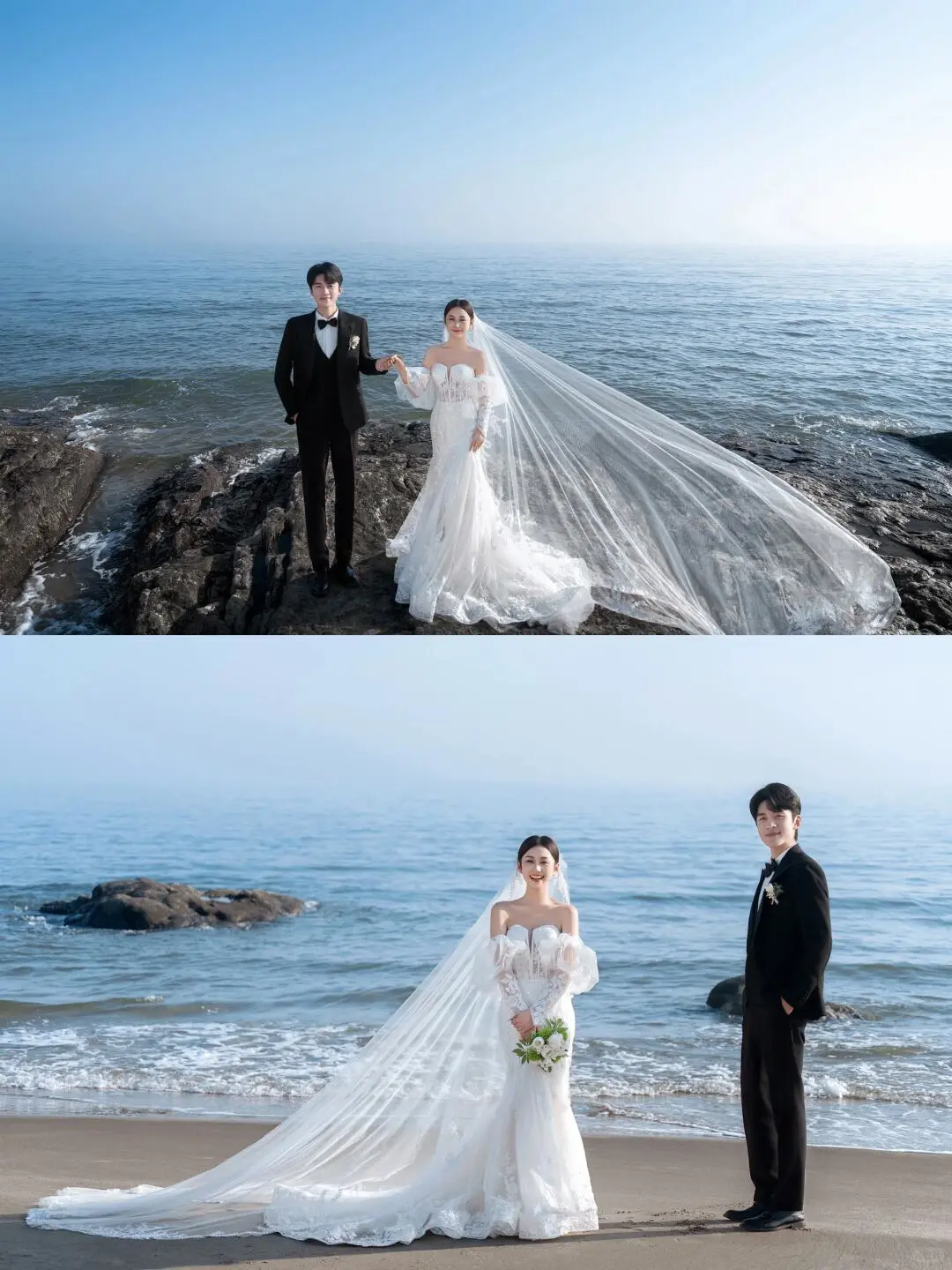 Unique Mermaid Off The Shoulder White Satin Tulle Applique Long Sleeve With Veil Long Wedding Dresses