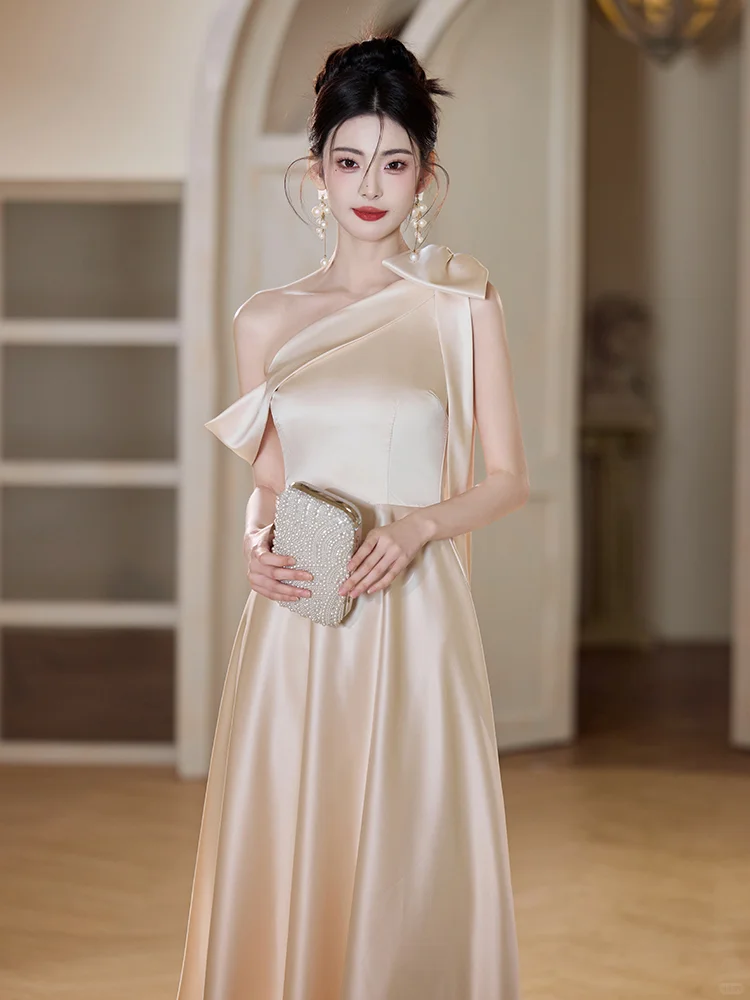Champagne A Line Elegant One Shoulder Satin Long Bridesmaid Dress