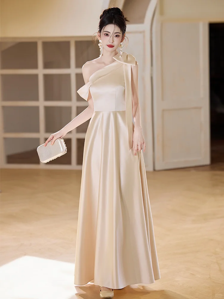 Champagne A Line Elegant One Shoulder Satin Long Bridesmaid Dress