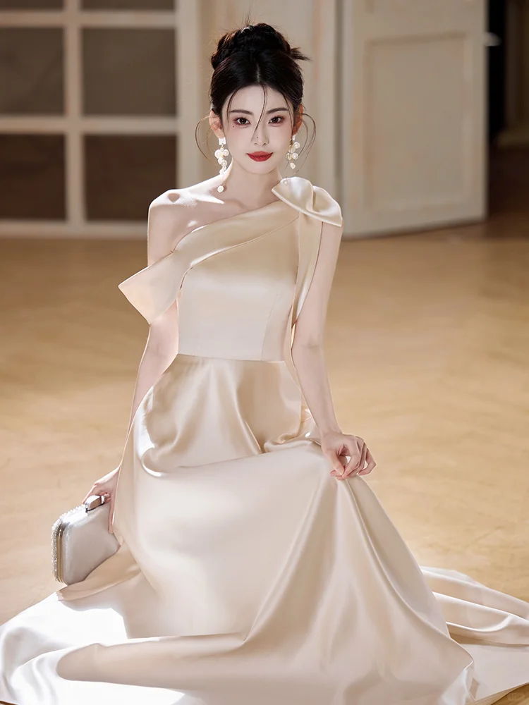 Champagne A Line Elegant One Shoulder Satin Long Bridesmaid Dress