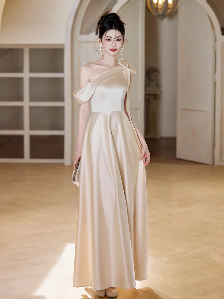 Champagne A Line Elegant One Shoulder Satin Long Bridesmaid Dress