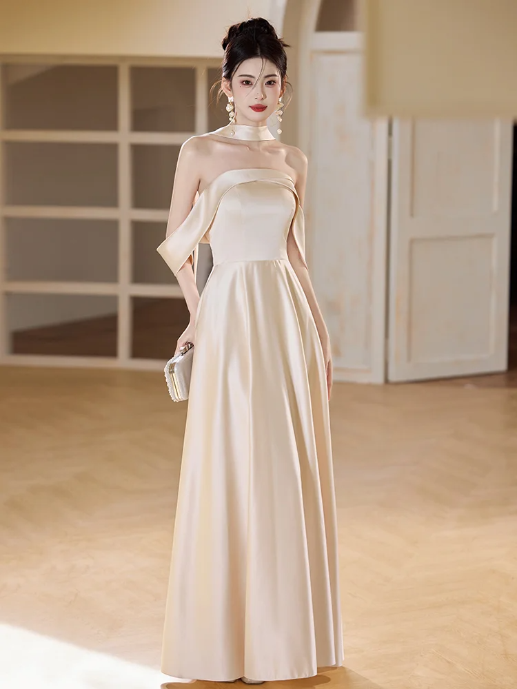 Classy Champagne A Line Off The Shoulder Satin Long Bridesmaid Dress