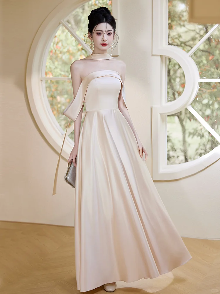 Classy Champagne A Line Off The Shoulder Satin Long Bridesmaid Dress