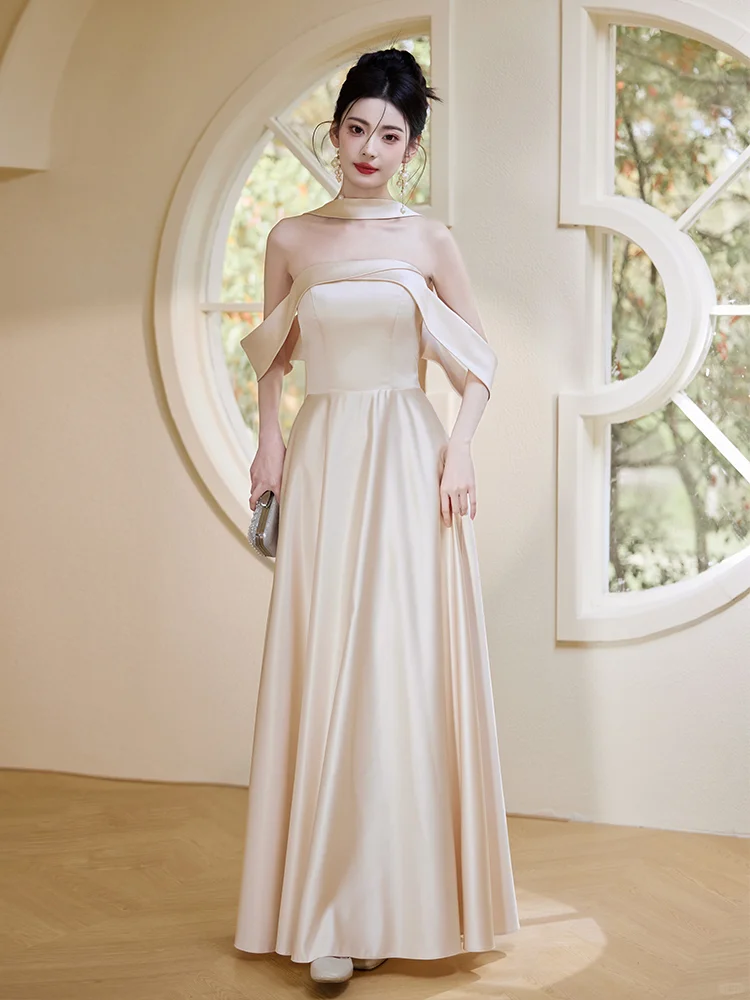 Classy Champagne A Line Off The Shoulder Satin Long Bridesmaid Dress