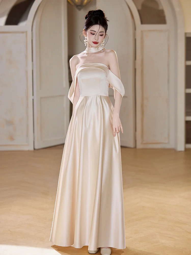 Classy Champagne A Line Off The Shoulder Satin Long Bridesmaid Dress