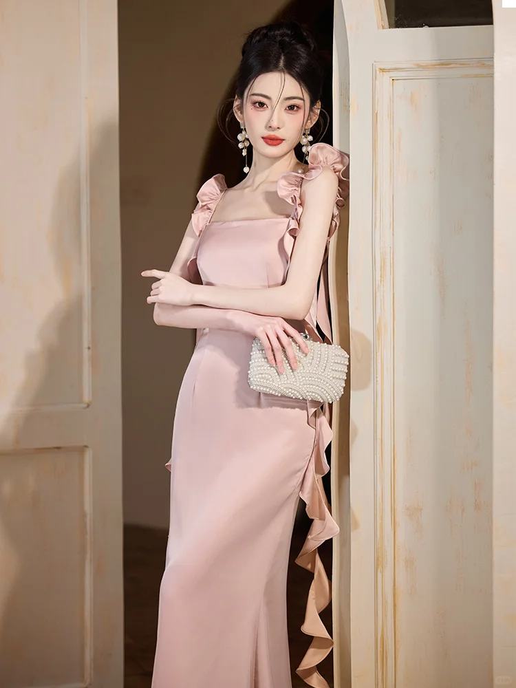 Classy Mermaid Spaghetti Straps Blush Pink Satin Long Bridesmaid Dress