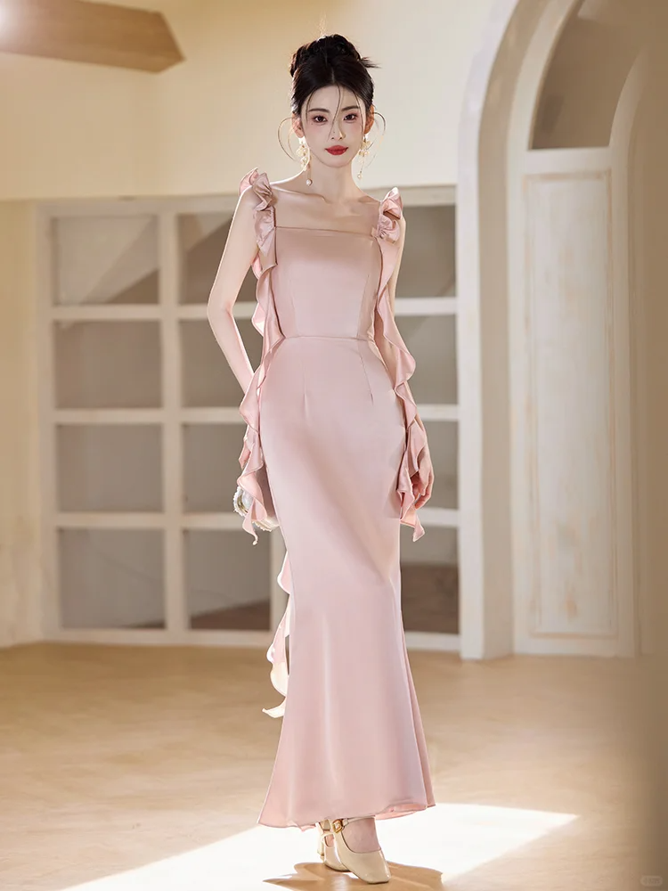 Classy Mermaid Spaghetti Straps Blush Pink Satin Long Bridesmaid Dress