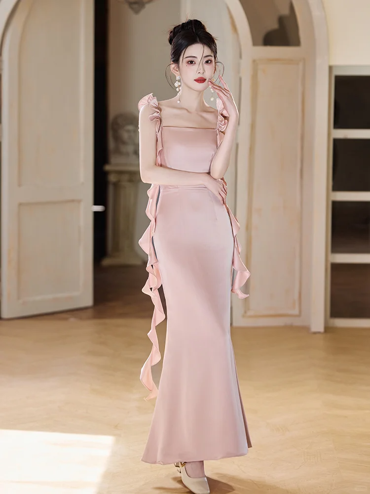 Classy Mermaid Spaghetti Straps Blush Pink Satin Long Bridesmaid Dress