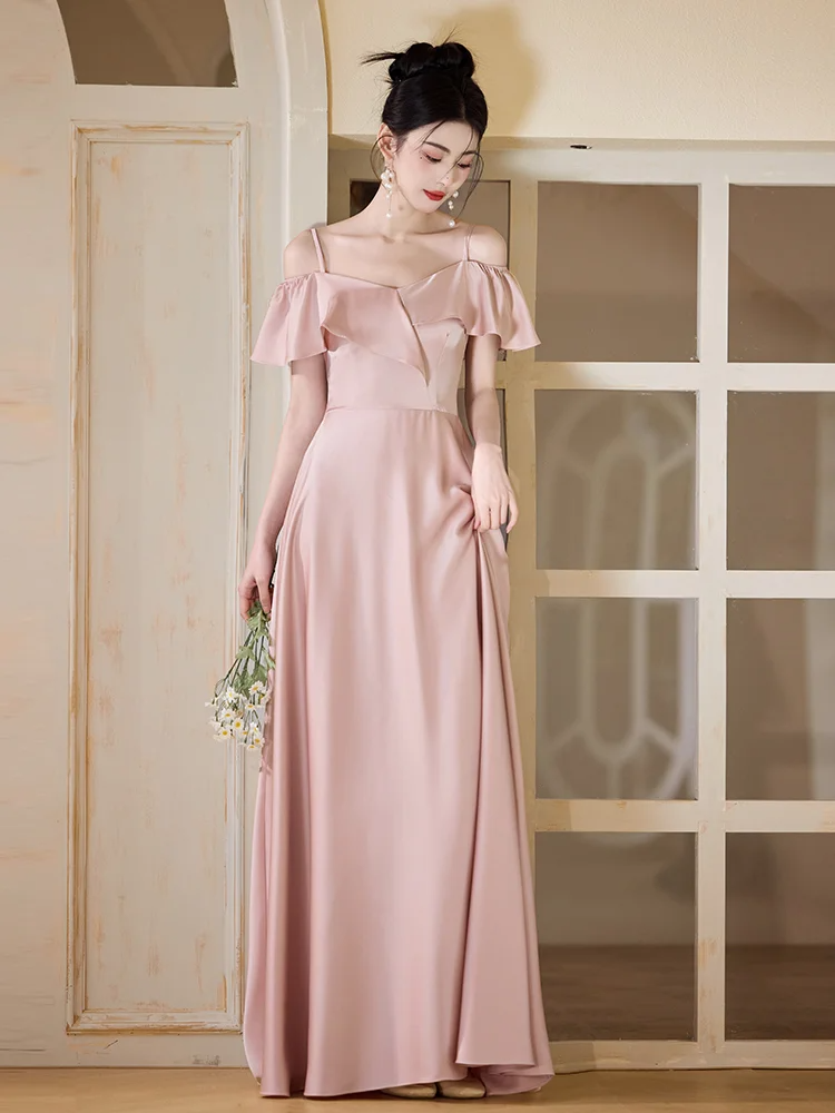 Elegant A Line Spaghetti Straps Blush Pink Satin Long Bridesmaid Dress